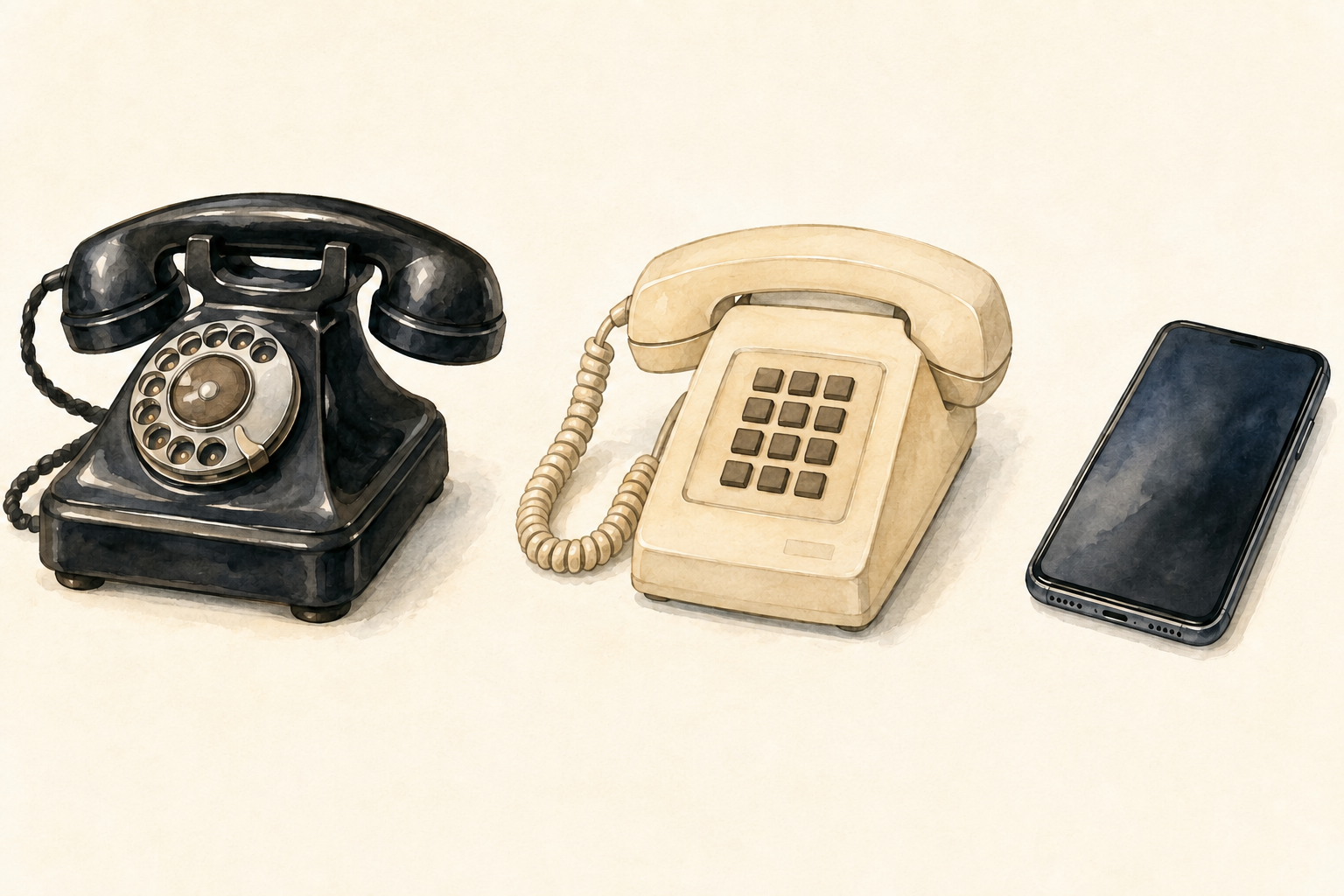 Illustration de trois téléphones : cadran rotatif, touches, écran tactile