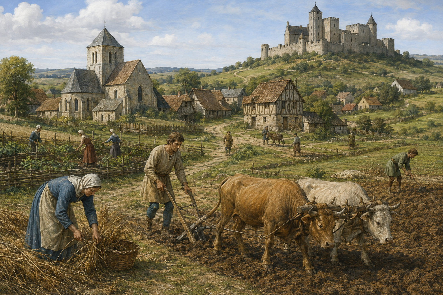 Illustration de paysannes et paysans au travail, village, église et château