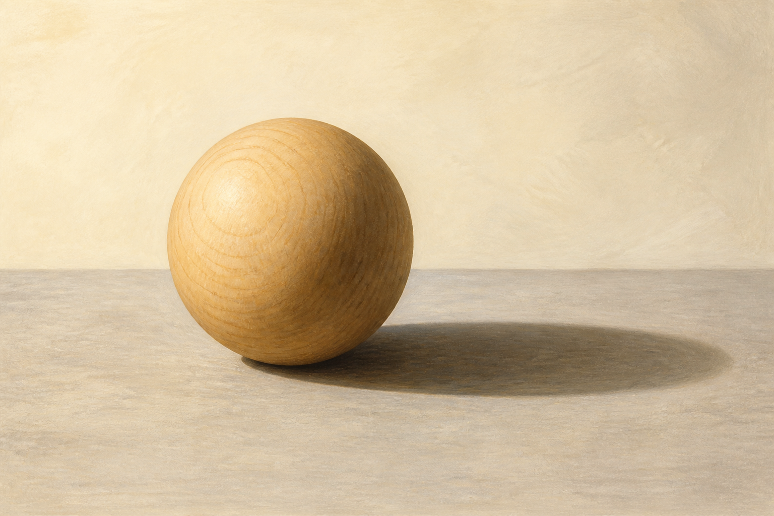 Une boule opaque éclairée depuis le haut à gauche : son côté droit est dans l’ombre propre ; elle projette une ombre portée vers la droite sur la table.