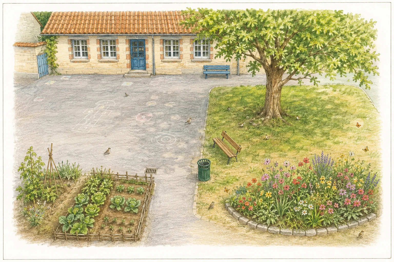 Exemple imaginaire de cour avec arbre, herbe, mur et zones d’observation