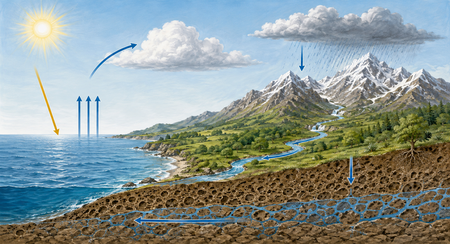 Paysage en coupe : l’eau s’évapore au-dessus de l’océan, forme des nuages, retombe en pluie puis ruisselle vers la mer ou s’infiltre dans les pores et fissures des roches. Les flèches bleues indiquent des trajets de l’eau, la flèche dorée l’énergie solaire. La vapeur d’eau est invisible.
